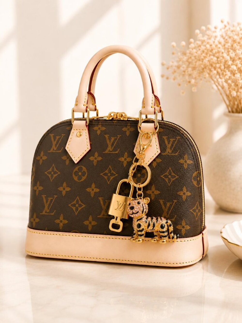 Louis Vuitton Authentic Gold Padlock 🔑 Key + Stylish Unbranded Lion Bag Charm